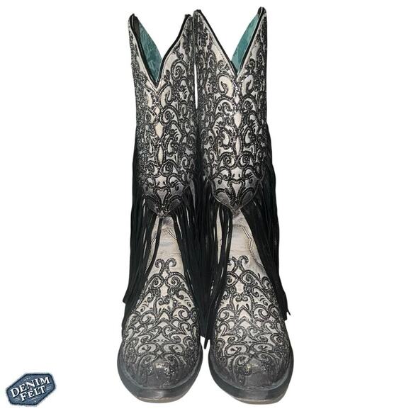 Corral Women’s OVERLAY BLACK EMBROIDERY LAMB FRINGE WHITE SNIP TOE COWBOY BOOT - Picture 7 of 15